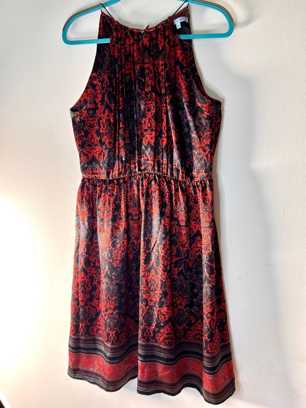 ANTONIO MELANI Silk Red Black Damask Halter Midi Dress SZ 8